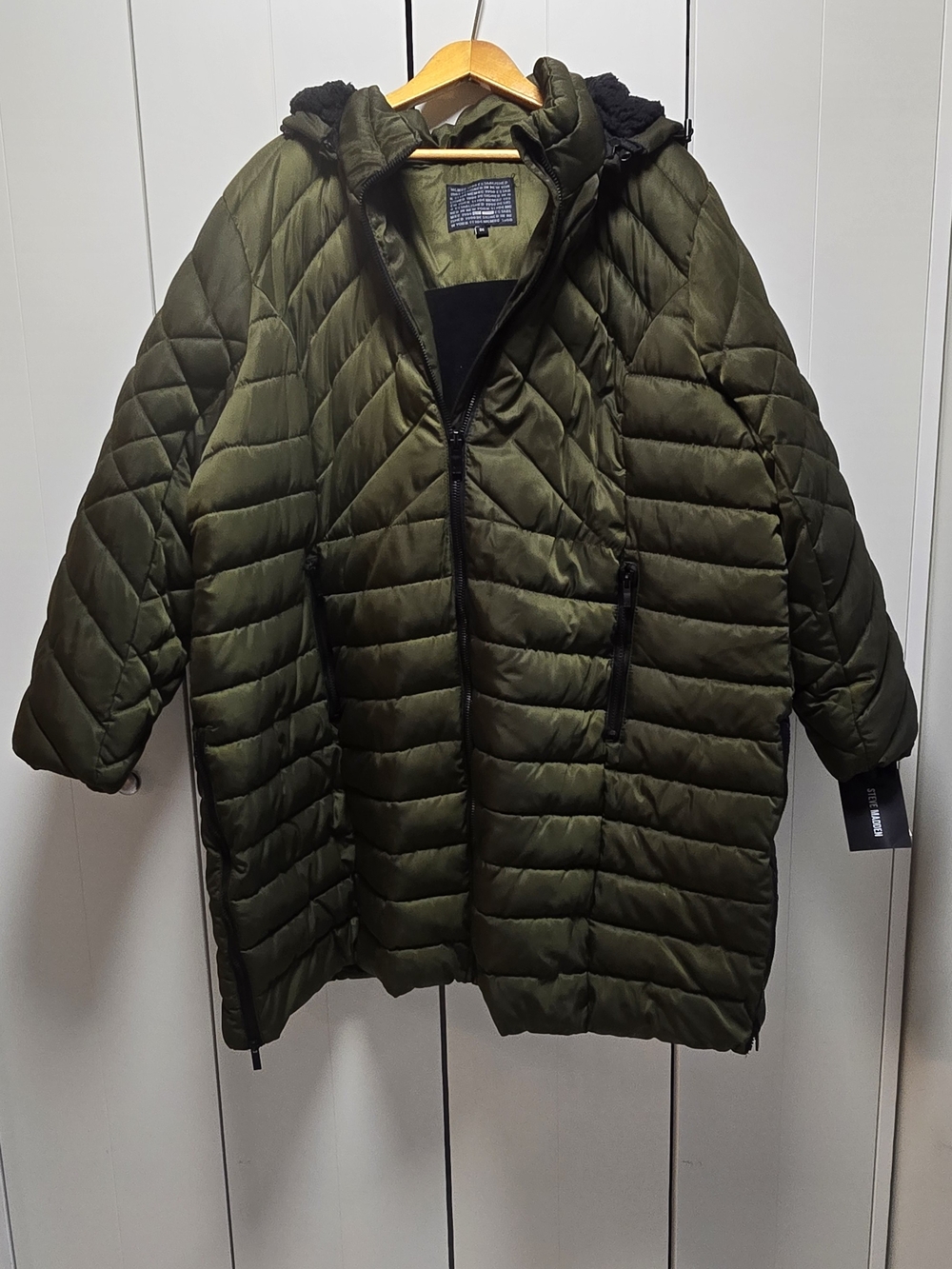 NWT Steve Madden Olive Long Hooded Puffer Coat 3X